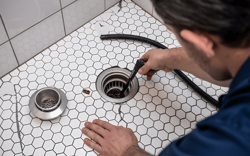 A professional plumber cleaning a drain